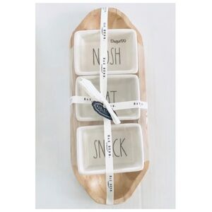 NEW Rae Dunn White Ceramic Bowls with Wood Tray Nosh, Eat & Snack
